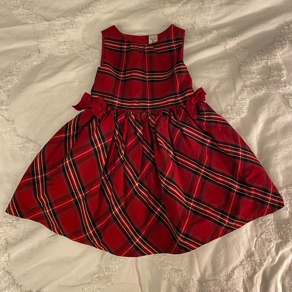 Carter's 3T dress holiday baby toddler girl classic Red Plaid cotton outfit bow